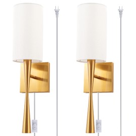 MhyTogn Modern Plug in Wall Sconce Set of 2, with Creamy-White Fabric and Antique Brass Brush Paint Finish Shade and On-Off Switch Cord for Vanity Stairway Fireplace Kitchen Living Room Bedside