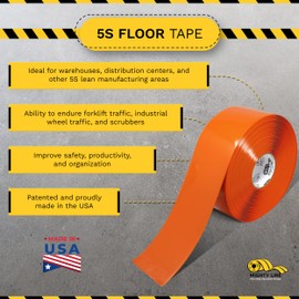 Mighty Line Solid Floor Marking Tape for Safety, Caution, Warning, Heavy-Duty, Peel and Stick Adhesive, Beveled Edge Design, Industrial Quality, 4 inch, 100' Roll, Orange