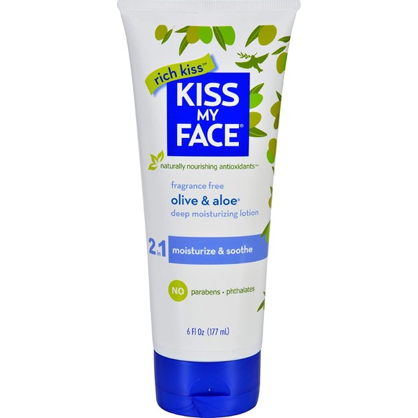 Kiss My Face Moisturizer with Olive Oil and Aloe Vera, Fragrance Free Body Lotion, 6 Ounce