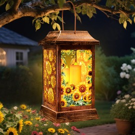 Sunflower Solar Lanterns Outdoor Waterproof, Metal & Glass Hanging Lights Garden Decor, Birthday Gifts for Women Mom Grandma Mothers Day, Decorative Lights for Outside Yard Patio Backyard Porch