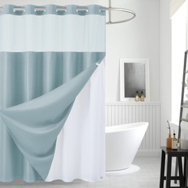 Extra Long Waterproof Bath Curtain 71x84 Fabric,Cloth Shower Liner with 12 Snap Buttons, Magnetic Hem with Fog Blue Waffle Weave Texture,No Hook Hotel Grade Machine Washable Curtain,Top Sheer Window.