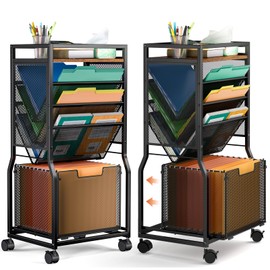 8 Tier Rolling File Cart with Hanging File Folder Organizer, Mobile File Organizer with 2 Sides Access Bookcase, Beside/Under Desk File Organizer Cart with Wheels for Office Home School Organization