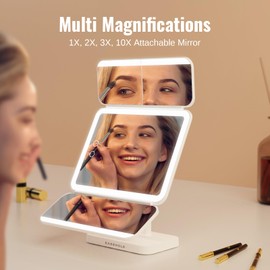 EASEHOLD Makeup Mirror with ligths, Lighted Makeup Mirror with Magnification, 2X 3X 10X Magnifying, Rechargable LED Mirror Makeup with 3 Colors Lights, Touch Screen Vanity Mirror (White)