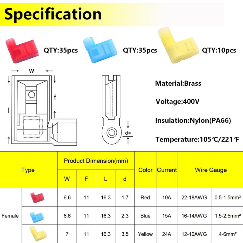 smseace 80Pcs Right Angle Spade Connector 22-18/16-14/12-10AWG Nylon Quick Disconnect