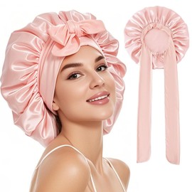 UNIANE Silk Hood for Sleeping Long Hair, Bonnet Silk, Double Silky Soft Night Cap for Curly Hair, Hair Bonnet, Sleep Cap Hair Protect, Cherry Blossom Pink, S - M