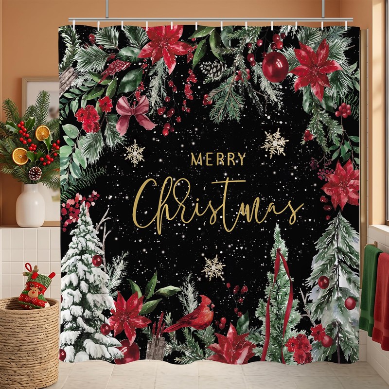 Christmas Poinsettia Shower Curtain Winter Tree 72x72 Inch