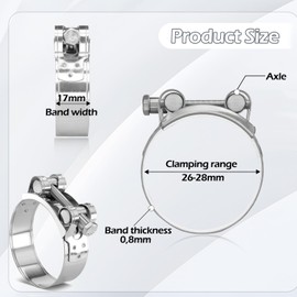 2 Pcs 304 Stainless Steel Articulated Bolt Hose Clamps, Adjustable 26-28mm Clamping Range, Heavy Duty Hose Clips for Secure Gas Pipe, Water Pipe, Fuel Line Connections