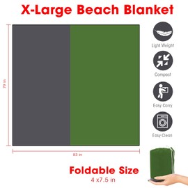 Beach Blanket XL Fast Drying Durable Lightweight Compact Outdoor Mat 83"x 79" - Sandproof Waterproof Picnic Mat for Travel, Camping, Hiking (Green)
