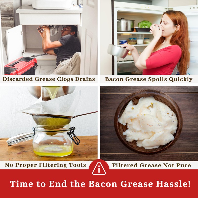 Bacon Grease Container with Strainer - With Food-Grade Silicone Spatula,