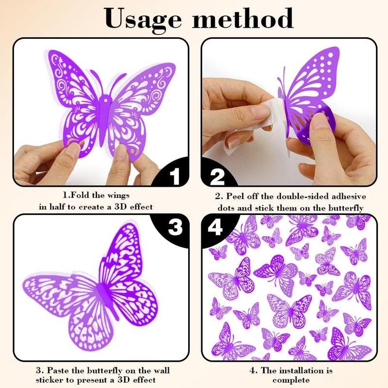 FIMETEUG Butterfly Wall Decal, 48 PCS Purple, Butterfly Party Decorations,