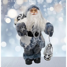 Kaemingk Traditional standing santa - father christmas figure - 30cm christmas figurine - white and grey fur trim coat holding lantern - indoor standing santa decoration.
