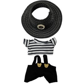 Doll Clothes for 17cm Figures, Black-and-White Striped Top Paired with Black Overalls and a Delicate Woven Hat