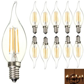 E14 Base LED Light Bulbs 4W CA11 Antique Candelabra Filament Candle Lamp Bulb, Energy Saving Warm White 2700K Vintage Style Flame Shape Bent Tip Bulb (10 Pack)