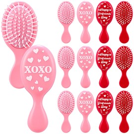 12 Pcs Valentines Mini Hair Brushes Bulk Pink Red Galentine's Day Gifts for Women Small Wet Detangling HairBrushes XOXO Happy Girlfriends Coquette Hairbrush for All Hair Types Party Favors