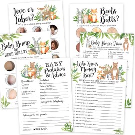Hilarious Baby Shower Games Set – 75 Double-Sided Cards for 25 to 75 Guests, 6 Games, Predictions, Who Knows Mommy, Beer Belly or Baby Bump, Gender Neutral and Fun for Boys & Girls (Woodland)