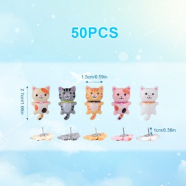 Pack of 50 Cat Pins for Cork Board, Cute Animals Plastic Pins, Push Pins Thumbtacks, Decorative Pins for Bulletin Board, Wall, Office, School, Home Use (5 Colours)