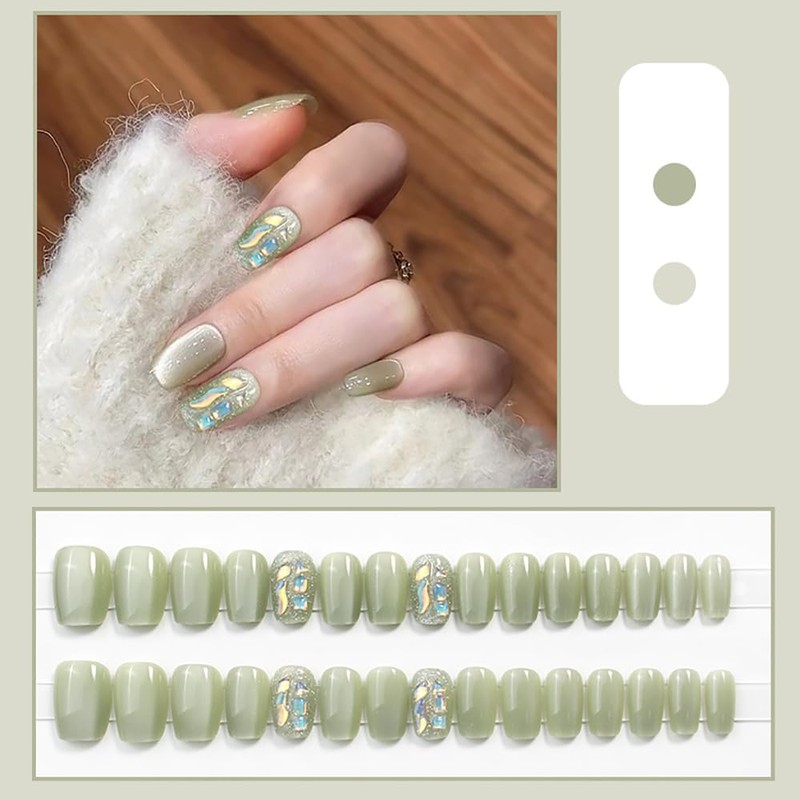 ネイルチップ 24枚セット くり返し使える ショート 大人かわいいミニマルデザイン オフィス/デート用 簡単リムーバブル 猫の目石ネイル シェル