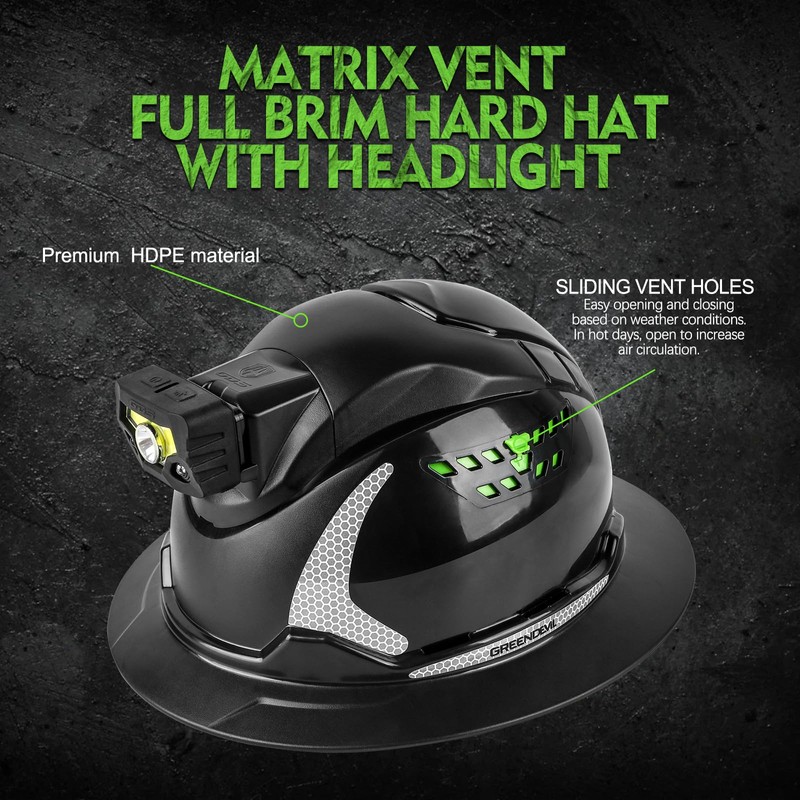GREEN DEVIL Matrix Full Brim Hard Hat with Headlight Vented