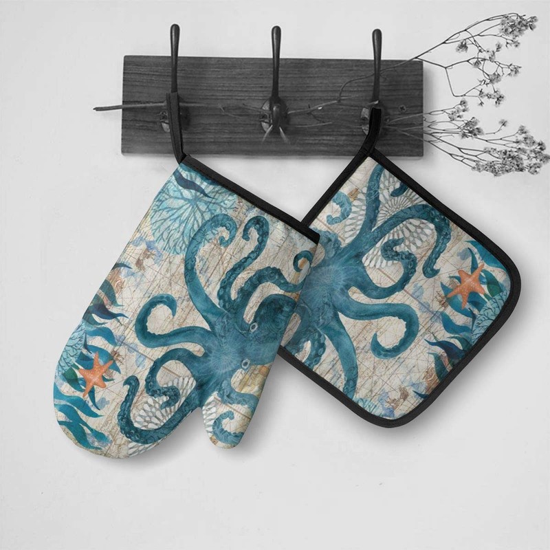 Abucaky Blue Octopus Nautical Map Oven Mitts and Pot Holders
