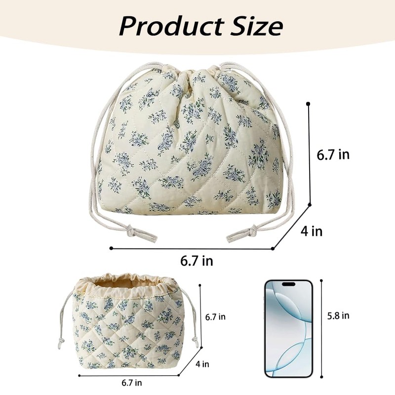 Lyssiatina Drawstring Cosmetic Bag, Blue Flower, 6.9*6.7*3.9inch