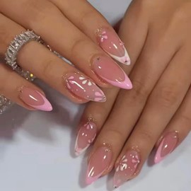 French Tip Press on Nails Medium Almond Fake Nails Press ons with Pink Floral Design Glossy&Elegant Full Cover False Nails Cute Acrylic Stick on Nails for Women Nails Manicure Decoration 24Pcs