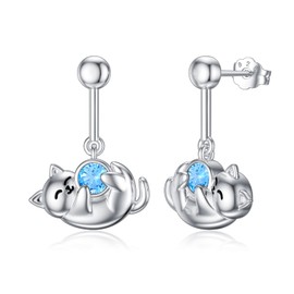 Pytali Cat Earrings 925 Sterling Silver Cute Earrings Hypoallergenic Nickel Free Earrings for Sensitive Ears Silver Stud Earrings Kawaii Aquamarine Birthstone Animal Stud Earrings for Women Jewelry Gift for Women Mom Wife
