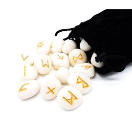 AB Viking Crafts Edelstein Runen Set Elder Futhark Heilstein Weisser Achat Friedensachat 25 Steine ca. 25 mm im Samtbeutel | Mythologie Wikinger Esoterik Meditation Magie (Weisser Achat | Friedensachat goldene Gravur)