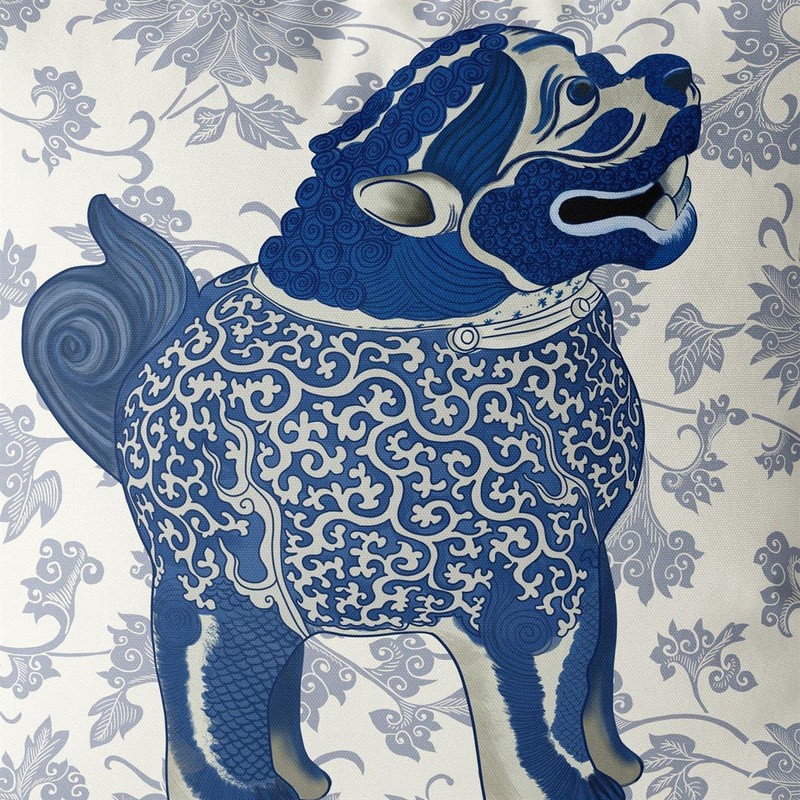 Kelly Stevens-McLaughlan, Happy Blue Foo Dog Chinoiserie on Cream Cushion