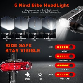 KunHe 2 Pack 300 Lumens 1600 Amh Bike Light Set Rechargeable Front & Rear Bicycle Lights with Auto Dimming IPX4 Waterproof 5 Modes for Cycling