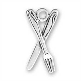 Sterling Silver 3D Silverware Crossed Fork And Knife Utensil Set Dangle Charm Bead For Bead Bracelet