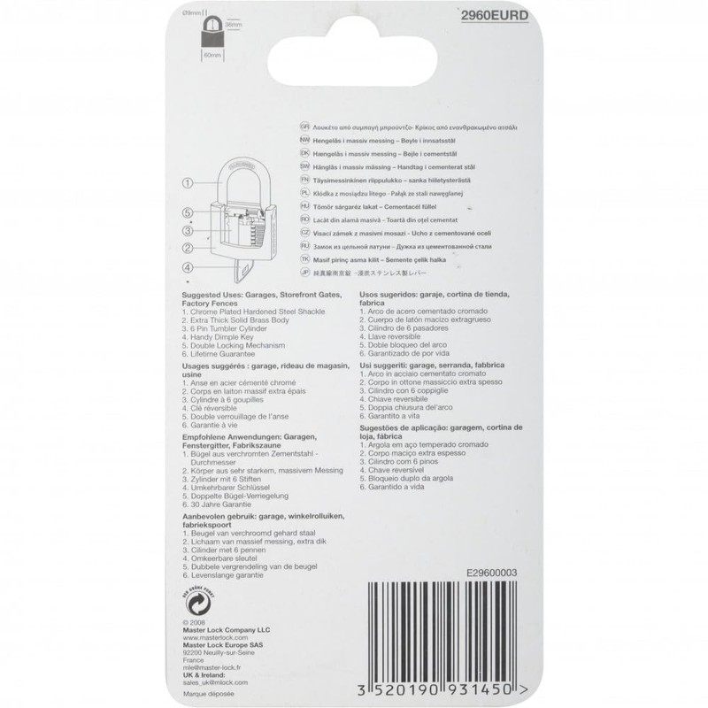 Master Lock 2960EURD Key Padlock with Extra Thick Solid Brass