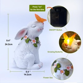Aopek Garden Solar Outdoor Statues Rabbit Garden Statue Bunny Outdoor Figurine Lights with Butterfly Clearance for Patio, Balcony, Yard, Lawn Ornament (Yellow)