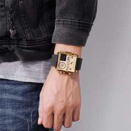 SKMEI Men's Digital Sports Watch LED Square Large Dial Analogue Quartz Wrist Watch with Multi-Time Zone Waterproof Stopwatch Business 1.78 x 1.61 x 0.55 Inch Gold Black Light, Gold Black-Light,