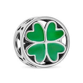 Good Luck Lucky Round Irish Shamrock Enamel Green Heart Clover Charm Bead For Women Teens .925 Sterling Silver Fits European Bracelet