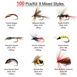 Qitewwrme Fly Fishing Flies Kit, 24-100Pcs Handmade Fly Fishing Artificial Fly Baits Lures with Dry/Wet Flies, Streamers, Fly Assortment Trout Bass Fishing with Fly Box (100Pcs/Kit(9 Mixed Styles))