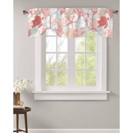 RisQiten Red Orange Coastal Tie Up Valance Curtains for Windows, Summer Beach Nautical Kitchen Curtains Window Treatments, Sea Turtle Coral Short Window Shades Valances for Bedroom Bathroom 54"x18"