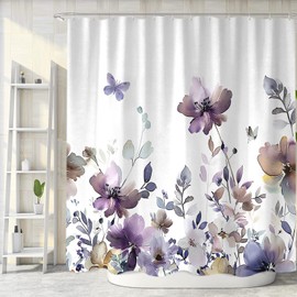 Sanzugh - Cortina de ducha floral morada, linda, diseño bohemio, diseño de flores silvestres, hojas de flores silvestres, diseño de mariposa, color blanco, juego de cortinas de ducha para decoración