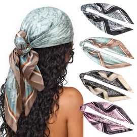 DRESHOW 90 x 90 cm Large Square Scarves for Women, Pack of 4, Silk Headscarf, Bandanas, Hair Scarf, Hair Accessories