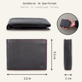 LEDEROW Men's Leather Wallet Black/Red – Landscape Format Wallet with Gift Box – Men's Wallet RFID Protection with Coin Compartment – Wallet Man Large (Black/Red)