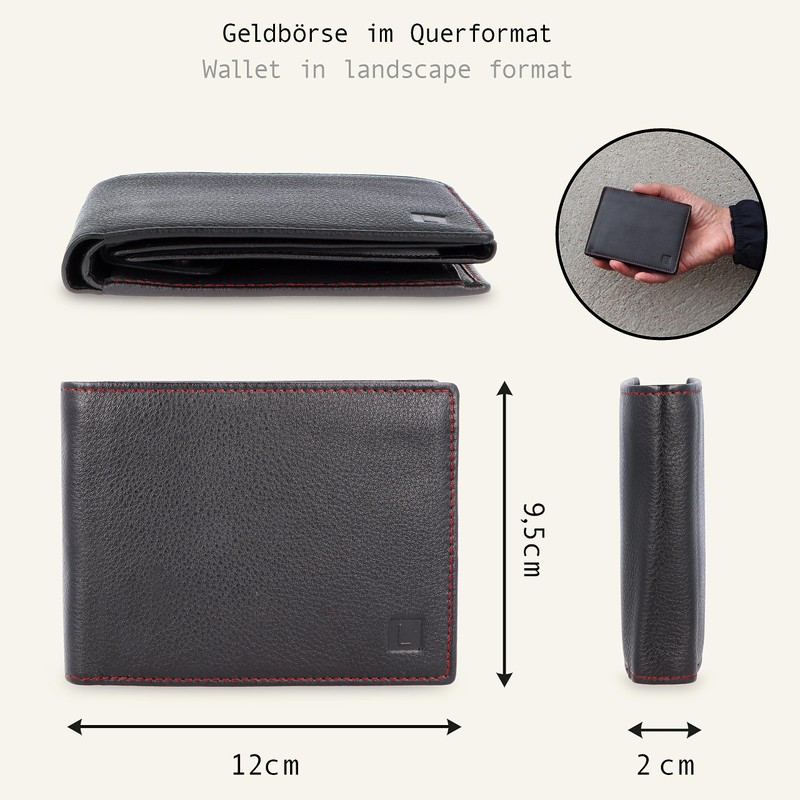 LEDEROW Men's Leather Wallet Black/Red – Landscape Format Wallet with