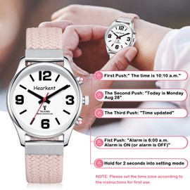 Hearkent British English Talking Watch for Women with Large Numbers Self-Setting for Visually impaired, Blind or Elder People (Nylon Pink)