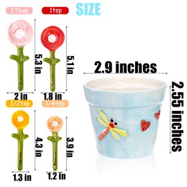 Coloch 5Pcs Ceramic Measuring Spoons and Cup, Flower Baking Measuring Spoons with Base Decorative Cute Cooking Spoons Set for Baking, Milk, Sugar, Salt, 1/4 tsp, 1/2 tsp, 1 tsp, 1 Tbsp