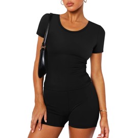 WIHOLL 2 Piece Sets for Women Summer Biker Short Fitness Workout Gym Matching Sets Plus Size Spring Clothes Lounge Beach Vacation Going Out Date Outfits Loungewear Cruise Travel Black XXL