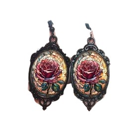 Gothic Rose Cameo Dangle Earrings Vintage Crystal Glass Flower Drop Earring Punk Style Rose Earring-Hot Pink