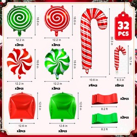 Christmas Foil Balloons, 32 Pcs Candy Cane Swirl Balloons, Large Christmas Mylar Red Green Balloons Kit for Christmas Party Decorations Birthday Candy Themed Party