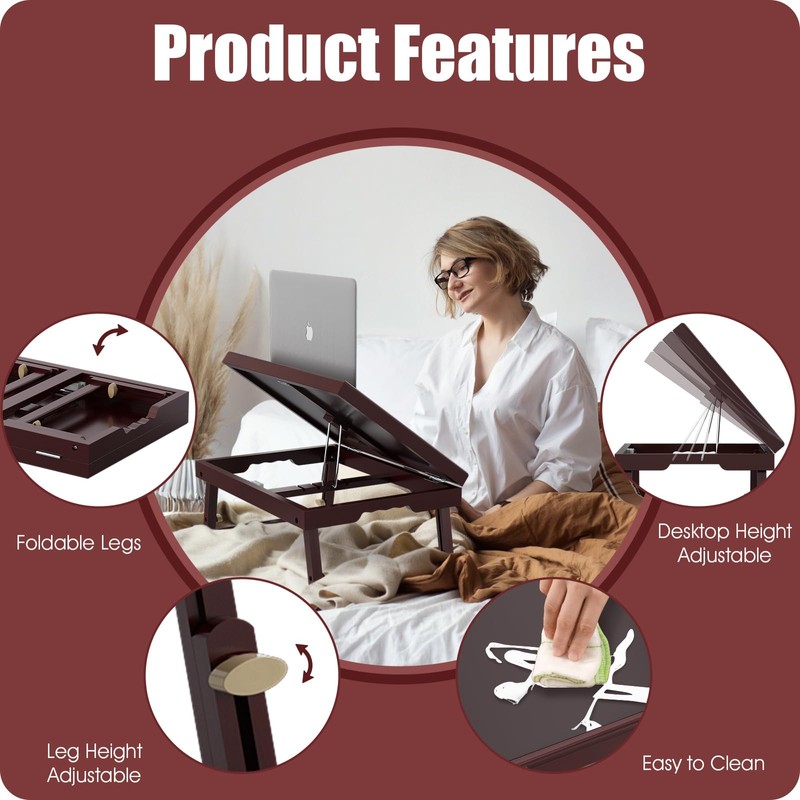 Bamboo Adjustable & Foldable Bed Tray Table with Ergonomic Handle,