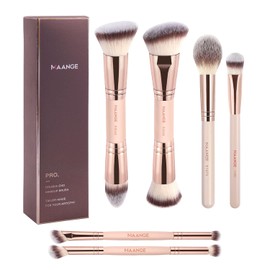 MAANGE 6Pcs Brochas Maquillaje de Doble Punta Set de Brochas para Maquillaje Premium Multi Usos con Estuche Brocha para Base Polvos,Difuminar y Contornear Rostro para Regalar-Almendra