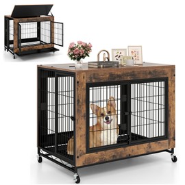 Giantex Dog Crate Furniture with Wheels, 38" Dog Kennel Indoor with 3 Doors, Flip Top Lid, Removable Pull-Out Tray, Modern Dog Cage Pet House End Table for Large Dogs, Rustic Brown