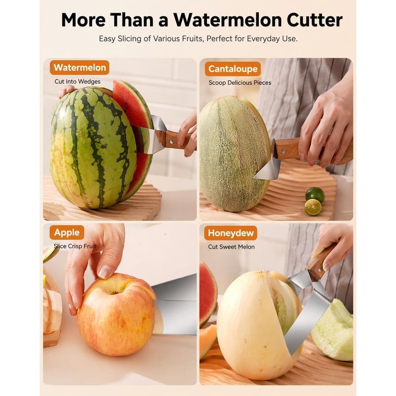 Triangle Watermelon Cutter, 430 Stainless Steel Slicer Tool with Wooden