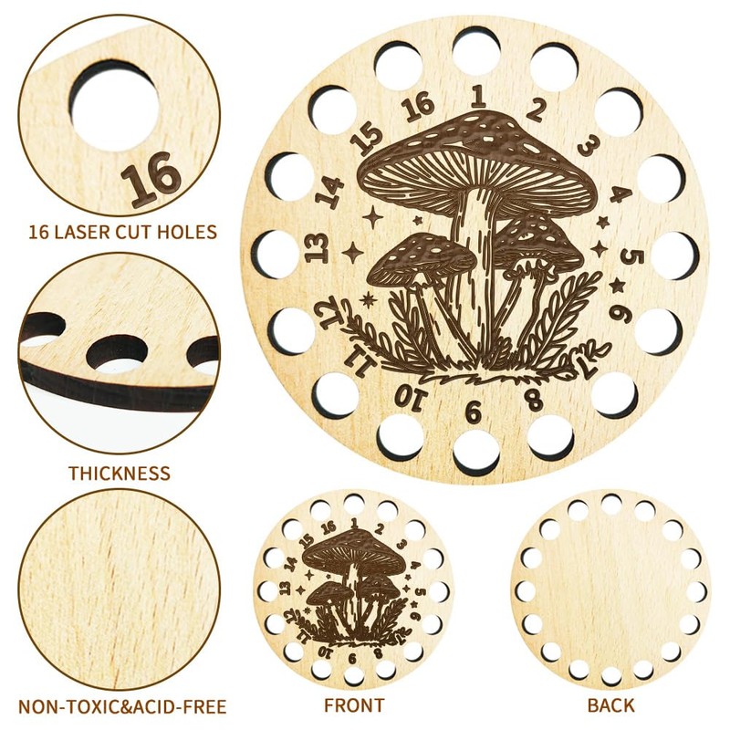 Arricraft Wood Embroidery Floss Holder, Mushroom Pattern 16 Positions Round